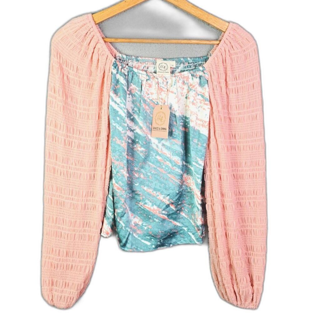 Grace & Emma Cropped Top Blouse Pink Green Smocked Off Shoulder Boho New
